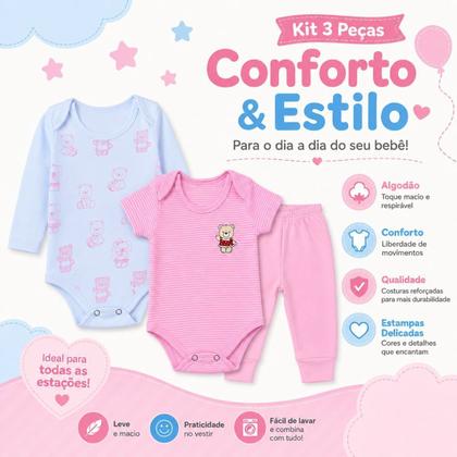 Imagem de Kit Bebê Menina 3 Peças Ursinha em Suedine Body Manga Longa e Curta + Calça com Punho