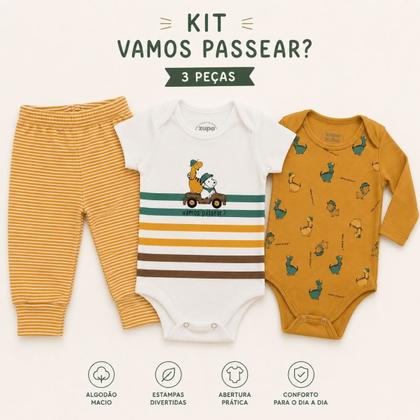 Imagem de Kit Bebê Menino 3 Peças Dinossauros Body Manga Longa e Curta + Calça com Punho Confortável