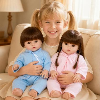 Imagem de Kit Bebê Reborn Gêmeos Casal 52cm 100% Silicone Acessórios