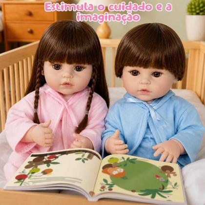 Imagem de Kit Bebê Reborn Gêmeos Casal 52cm 100% Silicone Acessórios