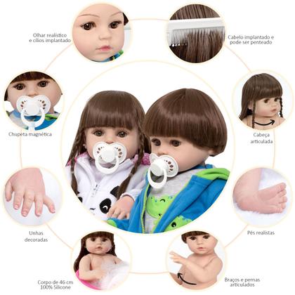 Imagem de Kit Bebe Reborn Gêmeos Menina Pandinha Com Bolsa Pode Banho