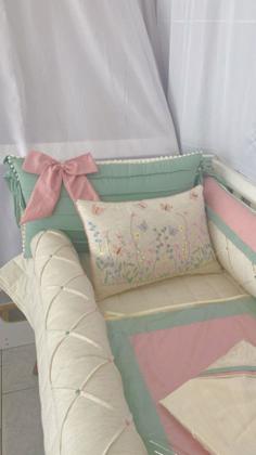 Imagem de Kit Berço Americano Menina Jardim das Flores 10 Peças Rose Blush com Verde Erva Doce