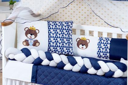 Imagem de Kit Berço Completo Protetor Lateral Trança Urso Rei Marinho Realeza+Ninho Redutor Trança 15 peças