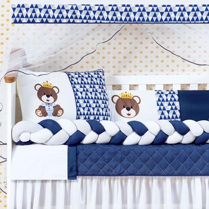 Imagem de Kit Berço Completo Protetor Lateral Trança Urso Rei Marinho Realeza+Ninho Redutor Trança 15 peças