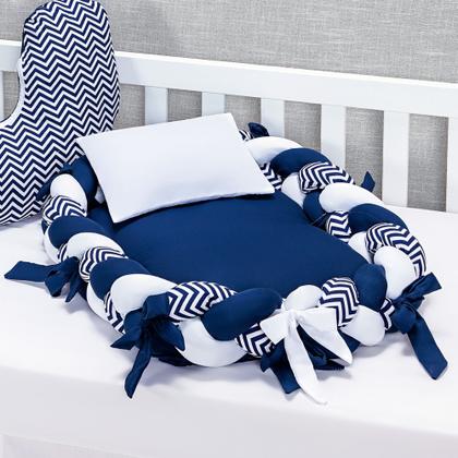 Imagem de Kit Berço Completo Protetor Lateral Trança Urso Rei Marinho Realeza+Ninho Redutor Trança 15 peças