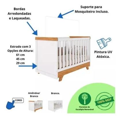 Imagem de Kit Berço E Cômoda Retrô Peroba Branco Amêndoa Quarto Bebê