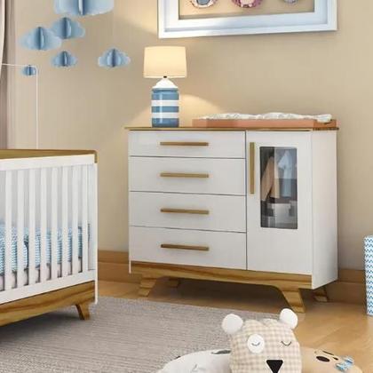 Imagem de Kit Berço E Cômoda Retrô Peroba Branco Amêndoa Quarto Bebê