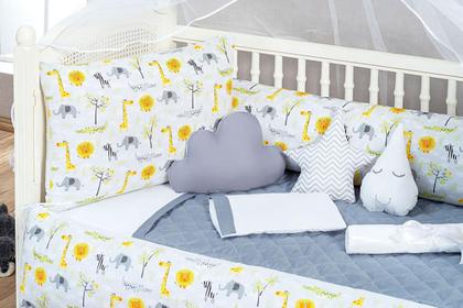 Imagem de Kit Berço Protetor Lateral Animais Safari Cinza 8 Peças