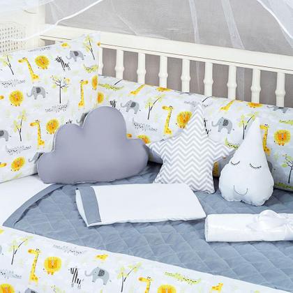 Imagem de Kit Berço Protetor Lateral Animais Safari Cinza 8 Peças