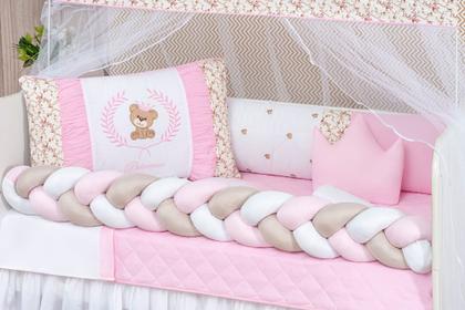 Imagem de Kit Berço Protetor Lateral Trança Completo Urso Teddy Rosa Menina+ Ninho Trança 15 peças