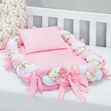 Imagem de Kit Berço Protetor Lateral Trança Completo Urso Teddy Rosa Menina+ Ninho Trança 15 peças