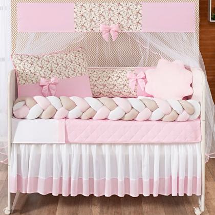 Imagem de Kit Berço Protetor Trança Completo Laço Menina Doce Baby Rosa + Ninho Trança 15 peças