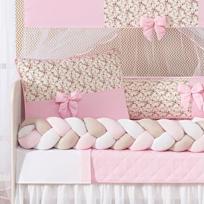 Imagem de Kit Berço Protetor Trança Completo Laço Menina Doce Baby Rosa + Ninho Trança 15 peças