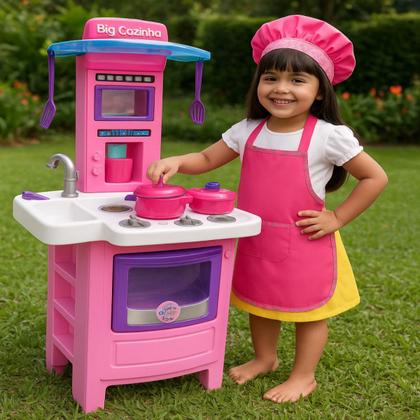 Imagem de Kit Big Cozinha Infantil Rosa Educativa Completa com Avental Chef