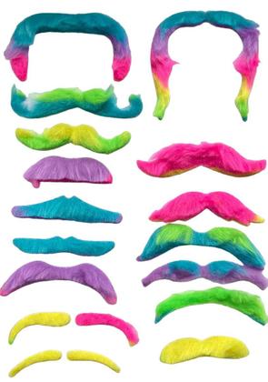 Imagem de Kit Bigodes Coloridos Falsos de Pelúcia + Sobrancelhas