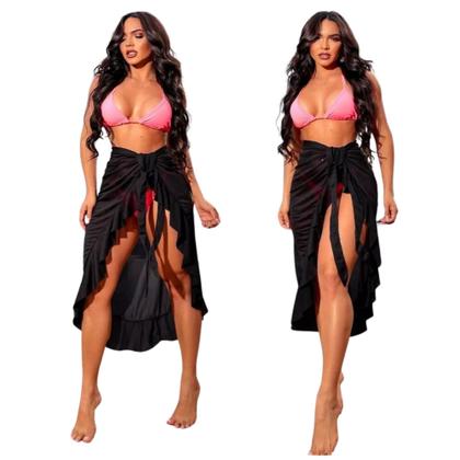 Imagem de Kit Biquíni Cortininha Asa Delta Saída Pareô Babado Longa