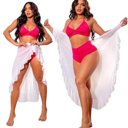 Imagem de Kit Biquíni Cortininha Asa Delta Saída Pareô Babado Longa