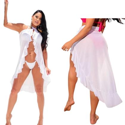 Imagem de Kit Biquíni Cortininha Asa Delta Saída Pareô Babado Longa