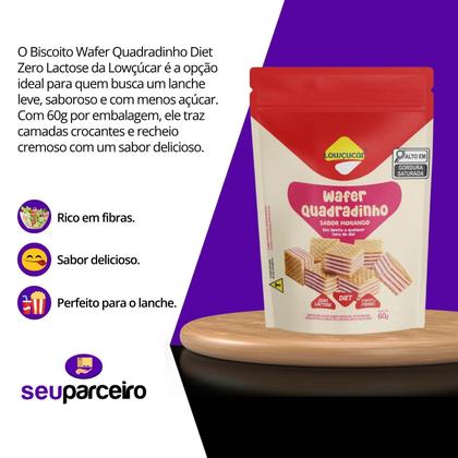 Imagem de Kit Biscoito Wafer Quadradinho Diet Zero Lactose Morango - Lowçúcar 3 Unidades 60g