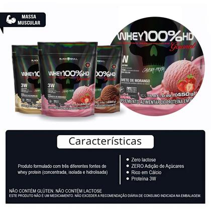 Imagem de Kit Black Skull - Whey 100% HD POTE Gourmet 450g + Creatina Monohidratada Turbo 150g + Termogênico Thermo Flame 60 caps- Combo Ganho de Massa Muscular