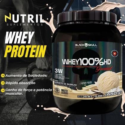 Imagem de Kit Black Skull - Whey 100% HD POTE Gourmet 450g + Creatina Monohidratada Turbo 150g + Termogênico Thermo Flame 60 caps- Combo Ganho de Massa Muscular