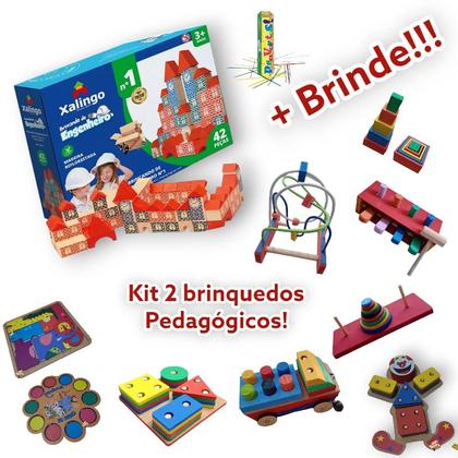 Imagem de Kit Blocos Engenheiro 42 Pçs + Brinquedo Pedagógico Educativo Em Madeira