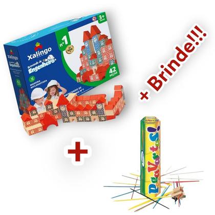 Imagem de Kit Blocos Engenheiro + Brinquedo Pedagógico Educativo Em Madeira + Livro