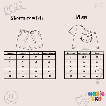 Imagem de Kit Blusa Infantil de um Ombro só Laranja Com estampa da Hello Kitty Faixa Para Cabelo com nó e Shorts Branco