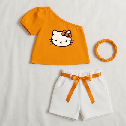 Imagem de Kit Blusa Infantil de um Ombro só Laranja Com estampa da Hello Kitty Faixa Para Cabelo com nó e Shorts Branco