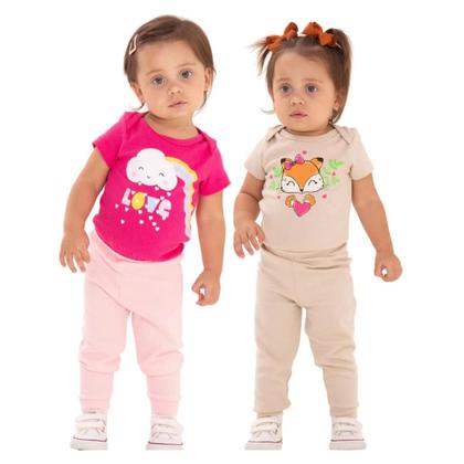 Imagem de Kit Body 6 Peças de Roupas para Bebê Menina 3 Body Curto 3 Calça Mijão Kit 3 Conjuntos Body