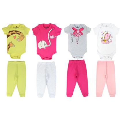 Imagem de Kit Body 6 Peças de Roupas para Bebê Menina 3 Body Curto 3 Calça Mijão Kit 3 Conjuntos Body