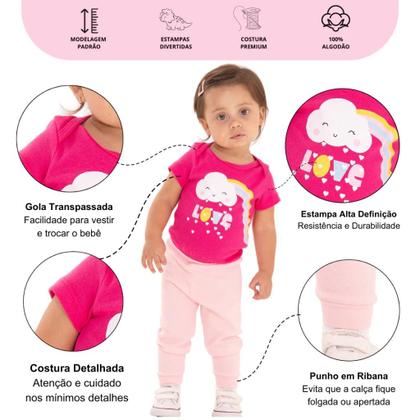 Imagem de Kit Body 6 Peças de Roupas para Bebê Menina 3 Body Curto 3 Calça Mijão Kit 3 Conjuntos Body