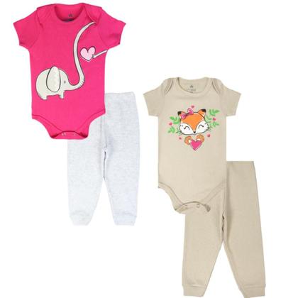 Imagem de Kit Body 6 Peças de Roupas para Bebê Menina 3 Body Curto 3 Calça Mijão Kit 3 Conjuntos Body