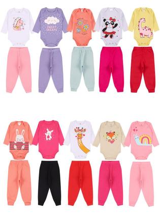 Imagem de Kit Body 6 Peças de Roupas para Bebê Menina 3 Body longo 3 Calça Mijão Kit 3 Conjuntos Body
