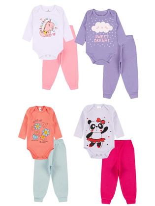 Imagem de Kit Body 6 Peças de Roupas para Bebê Menina 3 Body longo 3 Calça Mijão Kit 3 Conjuntos Body