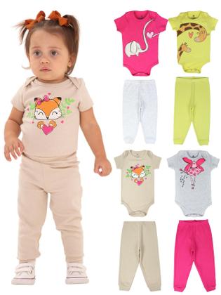 Imagem de Kit Body 8 Peças de Roupas para Bebê Menina 4 Body longo 4 Calça Mijão Kit 4 Conjuntos Body