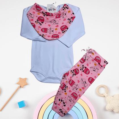 Imagem de Kit body bebê com calça e bandana babador like on panda branco rn ao g