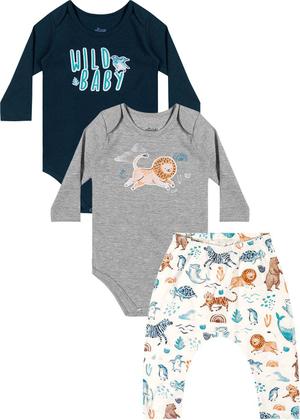 Imagem de Kit Body Infantil Masculino Manga Longa Cinza Lion - Elian