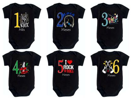Imagem de Kit Body Mesversario Manga Curta Rock In Roll 12 Bodies de Bebê 1 a 12 Meses