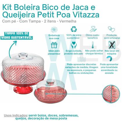 Imagem de Kit Boleira de Vidro Bico de Jaca Vermelha e Queijeira de Vidro Petit Poá Vermelha Vitazza: Para Mesa Posta, Sustentável, Organização e Decoração