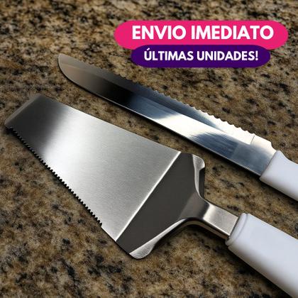 Imagem de Kit Bolo 2 Pç Faca Pão 6 Polegada E Espátula De Bolo Cabo Branco Em Aço Inox Jogo Confeitaria