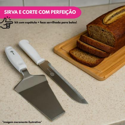 Imagem de Kit Bolo 2 Pç Faca Pão 6 Polegada E Espátula De Bolo Cabo Branco Em Aço Inox Jogo Confeitaria