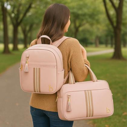 Imagem de Kit Bolsa e Mochila Maternidade Elegante Fita Para Bebê 2 Peças Impermeável Térmica Resistente