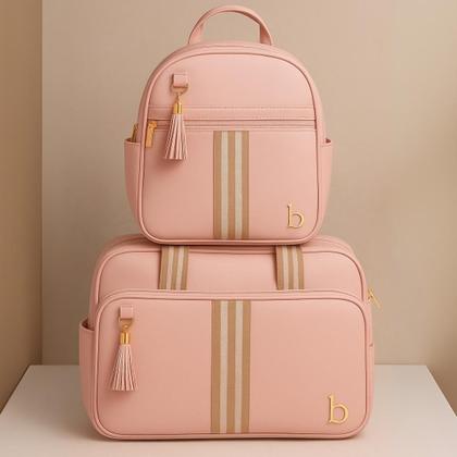 Imagem de Kit Bolsa e Mochila Maternidade Elegante Fita Para Bebê 2 Peças Impermeável Térmica Resistente