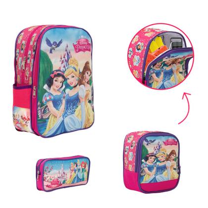 Imagem de Kit Bolsa Escolar Infantil Princesas Creche Passeio Cor Rosa