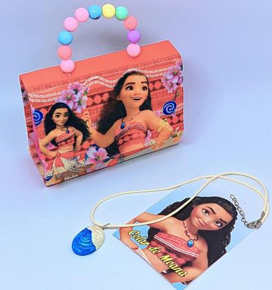 Imagem de Kit Bolsa Infantil Mini Bag Bolsinha Princesa Moana o Filme Alça Corrente Transversal + Colar Cordão com Pingente moda