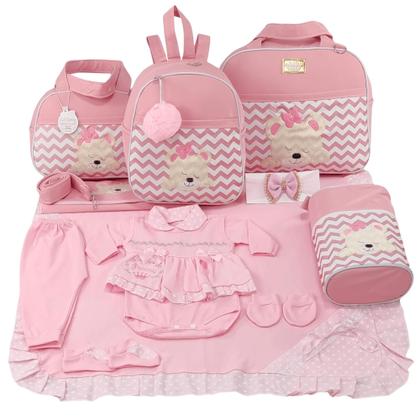 Imagem de Kit bolsa maternidade 5 peças urso chevron rosa + saída maternidade