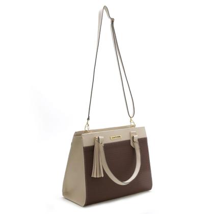 Imagem de Kit Bolsas Feminina Bicolor Com Carteira Santorini Handbag Tricê Creme/Marrom.