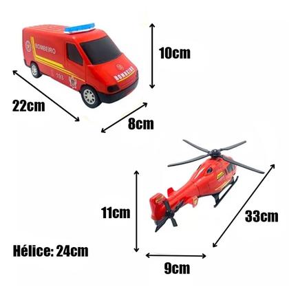 Imagem de Kit Bombeiro Helicóptero De Brinquedo Infantil Com Carrinho Furgão