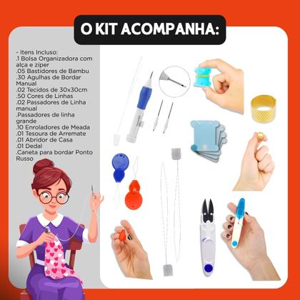 Imagem de Kit Bordado Completo 82 Peças com Linhas Agulhas Bastidor Bolsa ideal Para Costura e Ponto Russo